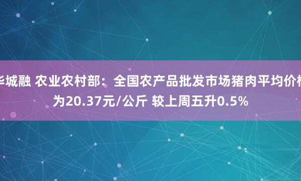 华城融 农业农村部：全国农产品批发市场猪肉平均价格为20.37元/公斤 较上周五升0.5%